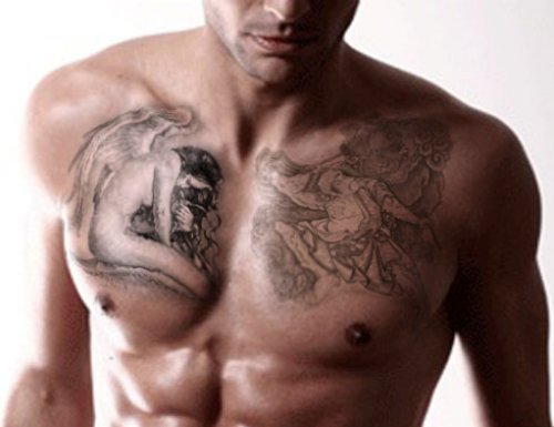 Grey Ink Sad Angel Chest Tattoo For Men